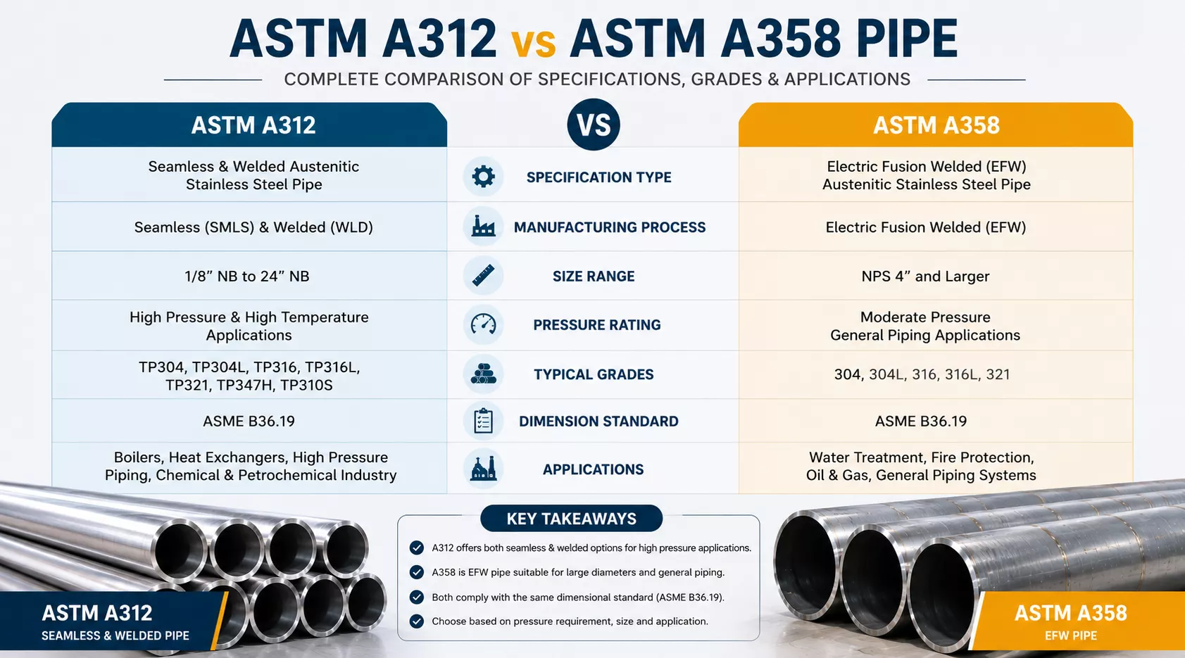 ASTM A312 vs ASTM A358 Pipe
